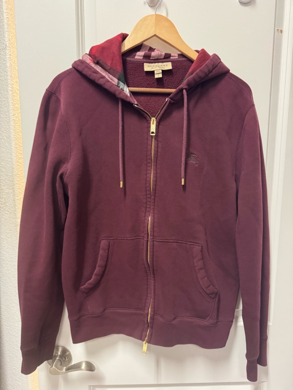 Burberry Burgundy Full-Zip Hoodie with Plaid-Lined Hood